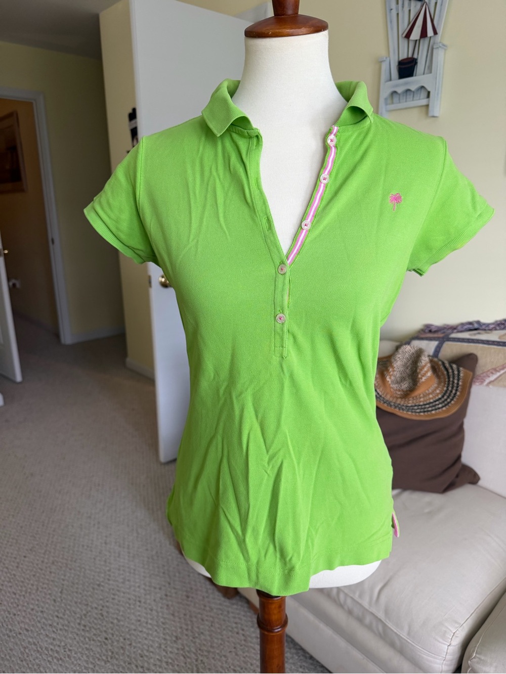 Lilly Pulitzer Lime Green Polo with Pink Trim